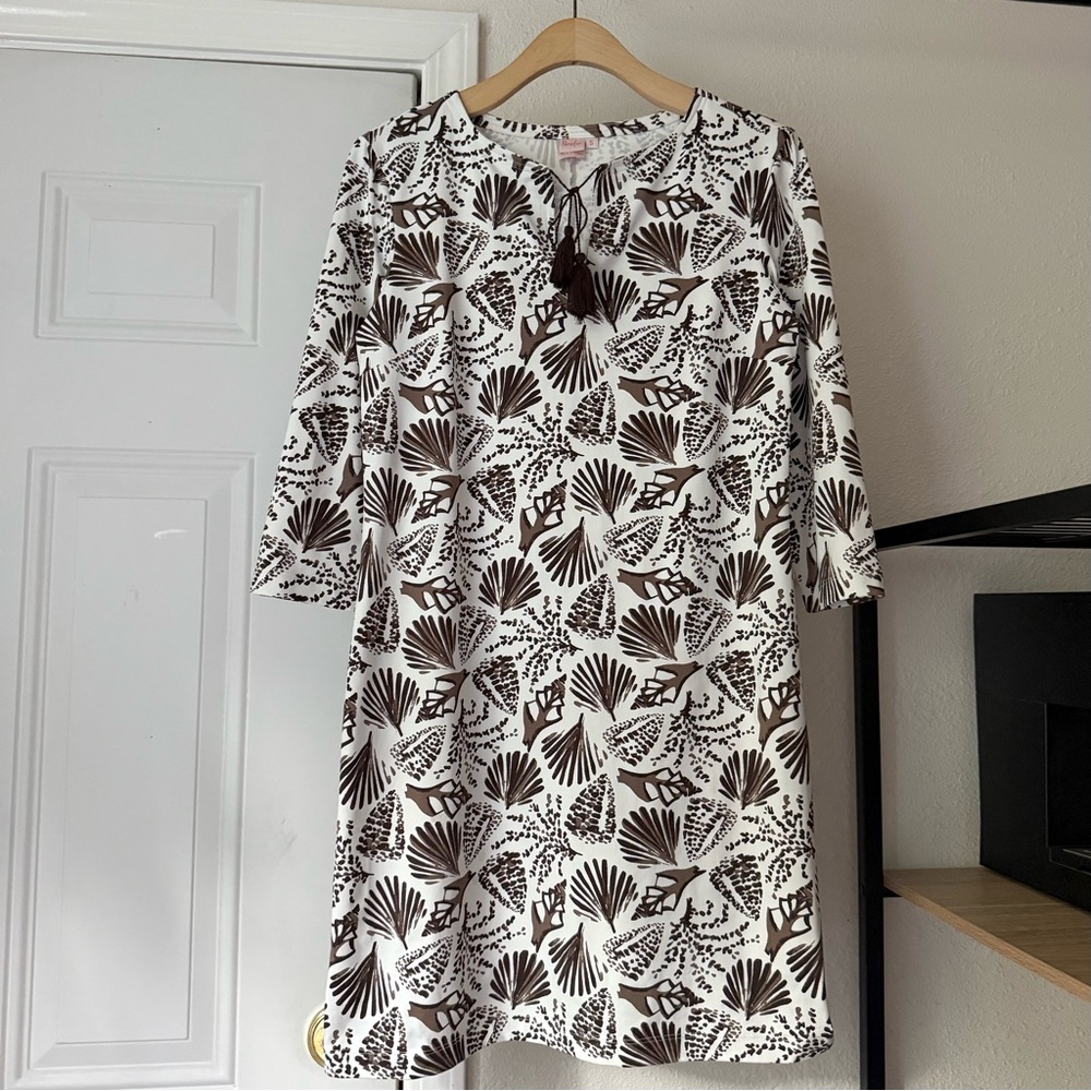 PERSIFOR white brown paint shell ocean sea print long sleeve mini dress‎